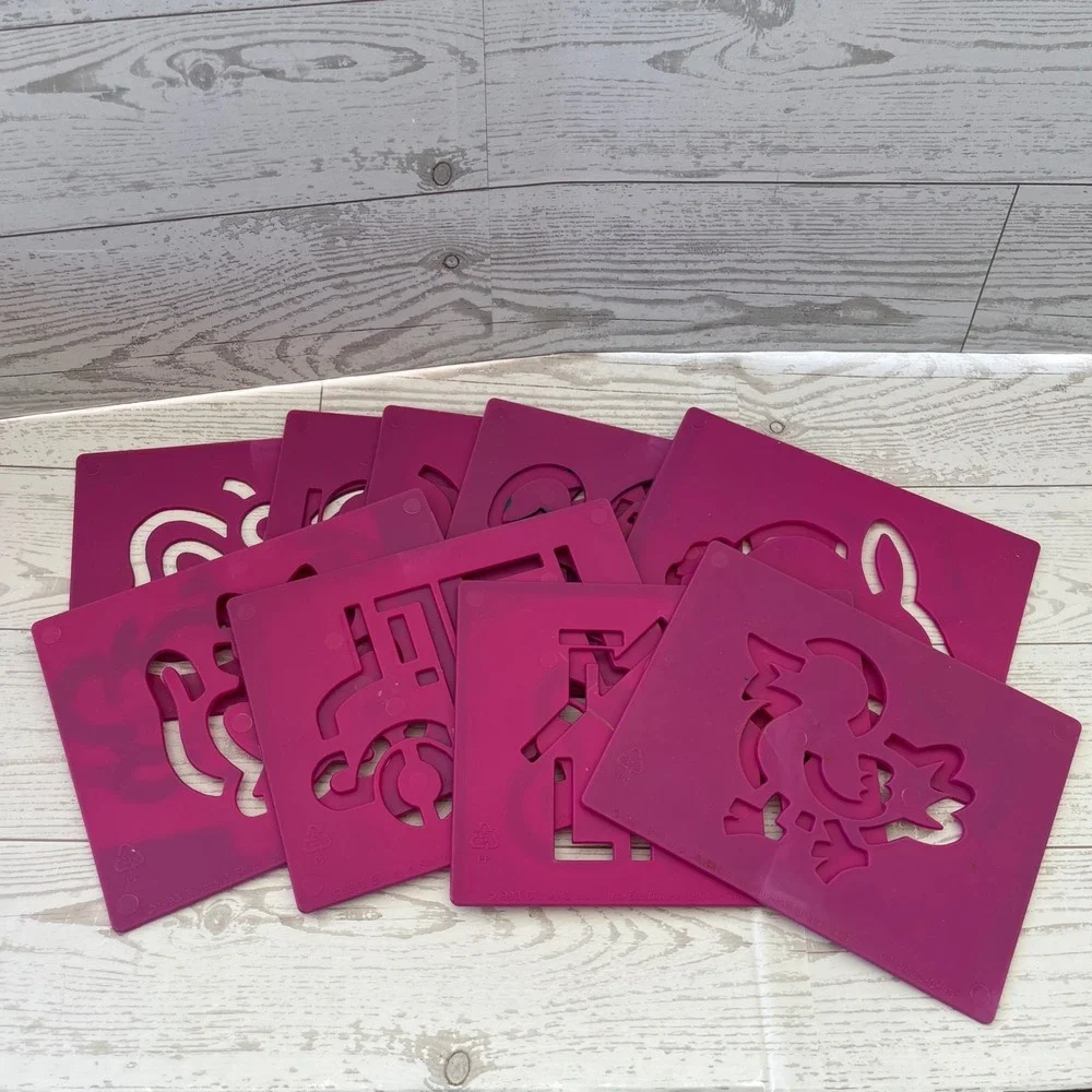 Vintage 1993 Binney & Smith Pink Plastic Stencils Set of 9‎ Animals Vehicles 90s
